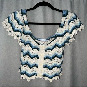 Blue & White Striped Crochet Knit Zara Chevron Pattern Top